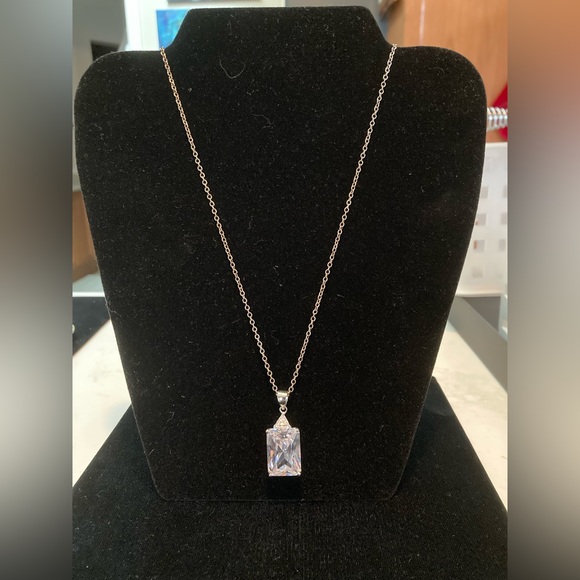 925 SS 24” long chain. Large Emerald cut CZ set in 925 SS raised cage 1”x 1/2” - Picture 2 of 12